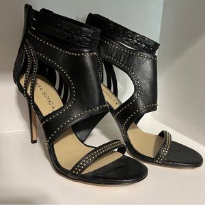 NWT Via Spiga Leather 39 1/2 8 1/2, studded strappy high heels sandals stiletto